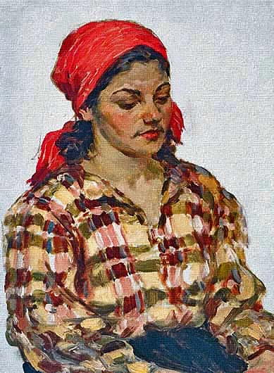 Mujer pintada en óleo sobre tablero por Sokolov.